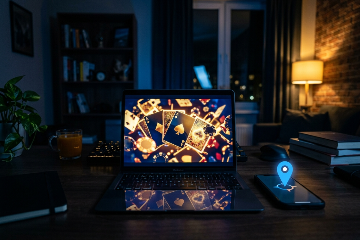 En laptop lyser i mörker med spelrelaterade symboler på skärmen, som symboliserar olicensierat onlinespel över gränser.