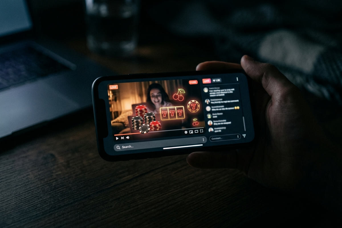 En smartphone lyser i mörkret med ett livestreaming-gränssnitt som symboliserar hur casinoreklam sprids via sociala medier och streamingplattformar.